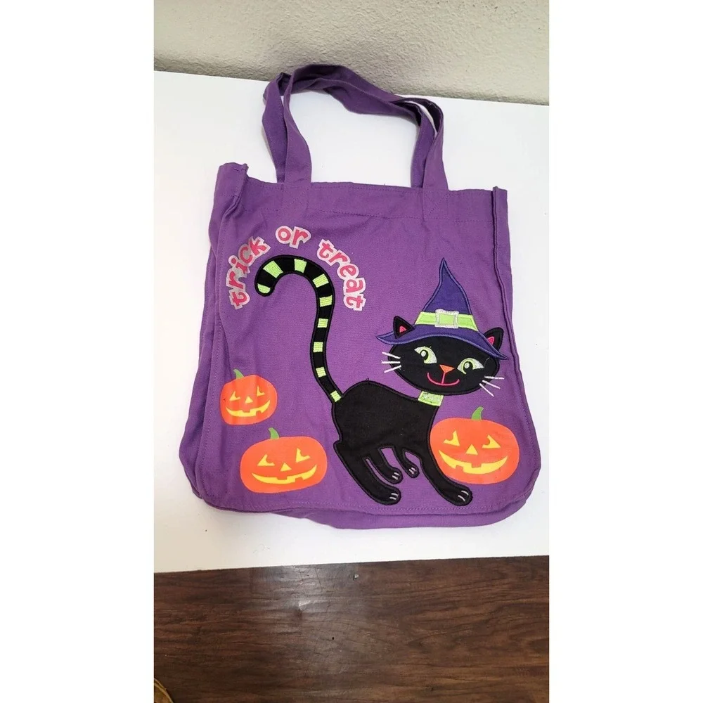 Halloween Trick Or Treat Bags Set - Purple Cat & Orange Pumpkin Design With Hand